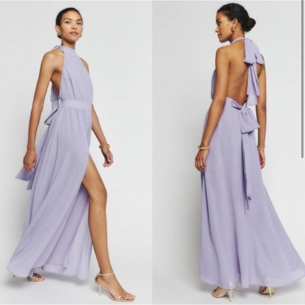 Reformation Purple Halter Maxi Andee Dress with Cut Out and Slit